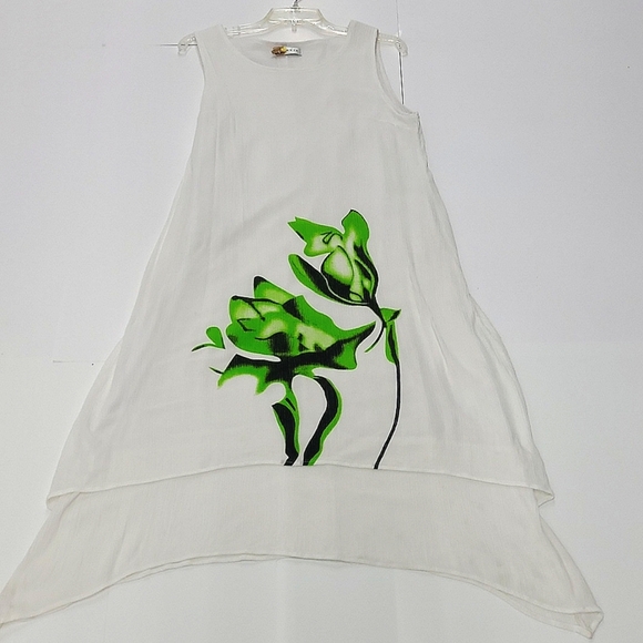 White Dress Gauzy Crinkle Bohemian Milkmaid Artsy Floral Print Relaxed Hi Lo - Picture 8 of 9